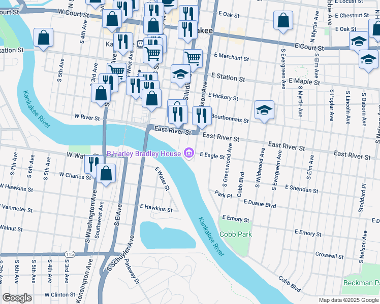 map of restaurants, bars, coffee shops, grocery stores, and more near 687 South Harrison Avenue in Kankakee