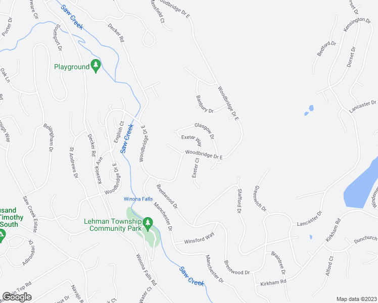 map of restaurants, bars, coffee shops, grocery stores, and more near Woodbridge Drive in Bushkill