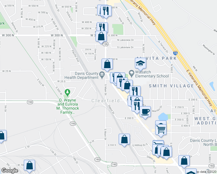 map of restaurants, bars, coffee shops, grocery stores, and more near 145 Depot Street in Clearfield