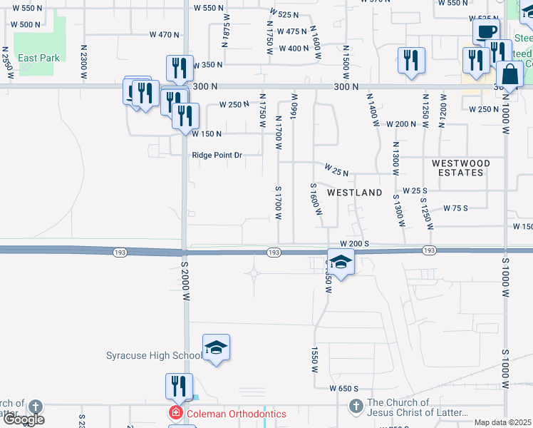 map of restaurants, bars, coffee shops, grocery stores, and more near 157 South 1700 West in West Point