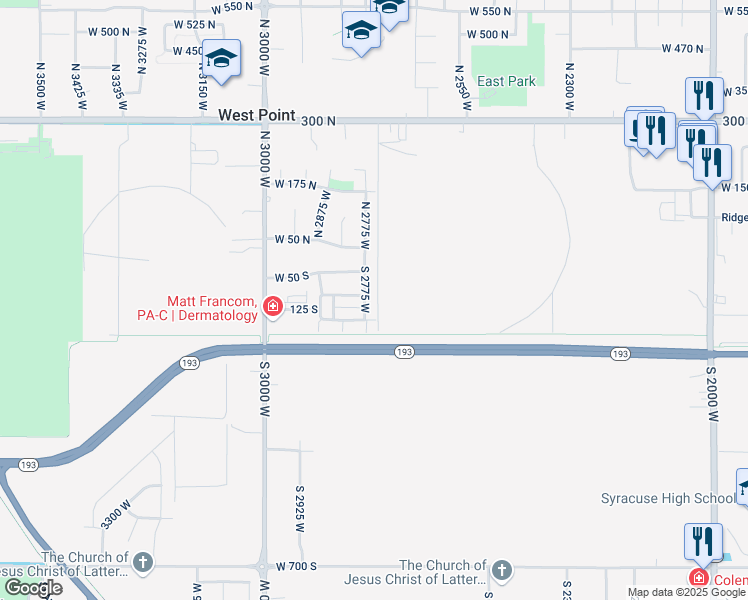 map of restaurants, bars, coffee shops, grocery stores, and more near 127 South 2775 West in West Point
