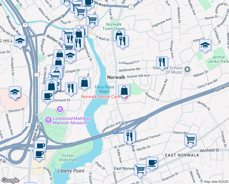 map of restaurants, bars, coffee shops, grocery stores, and more near 142 East Avenue in Norwalk