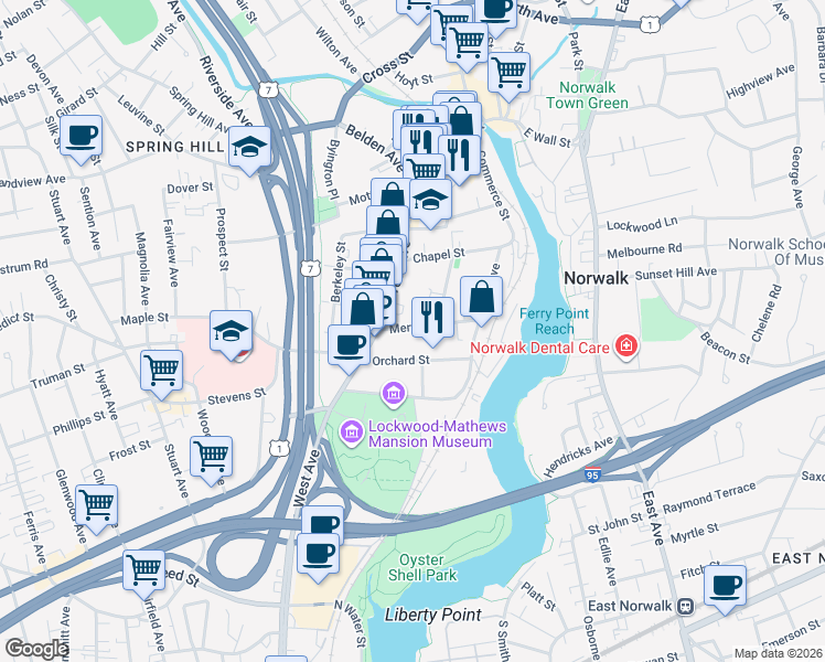 map of restaurants, bars, coffee shops, grocery stores, and more near 18 Merwin Street in Norwalk
