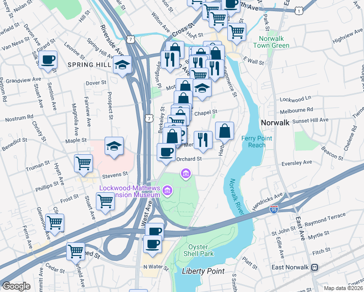 map of restaurants, bars, coffee shops, grocery stores, and more near 515 West Avenue in Norwalk