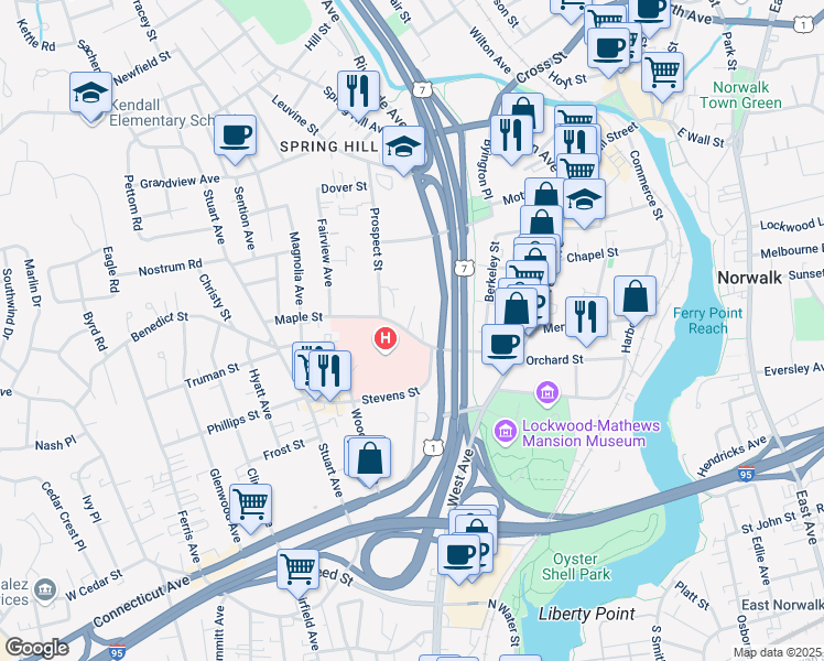 map of restaurants, bars, coffee shops, grocery stores, and more near 23 Maple Street in Norwalk