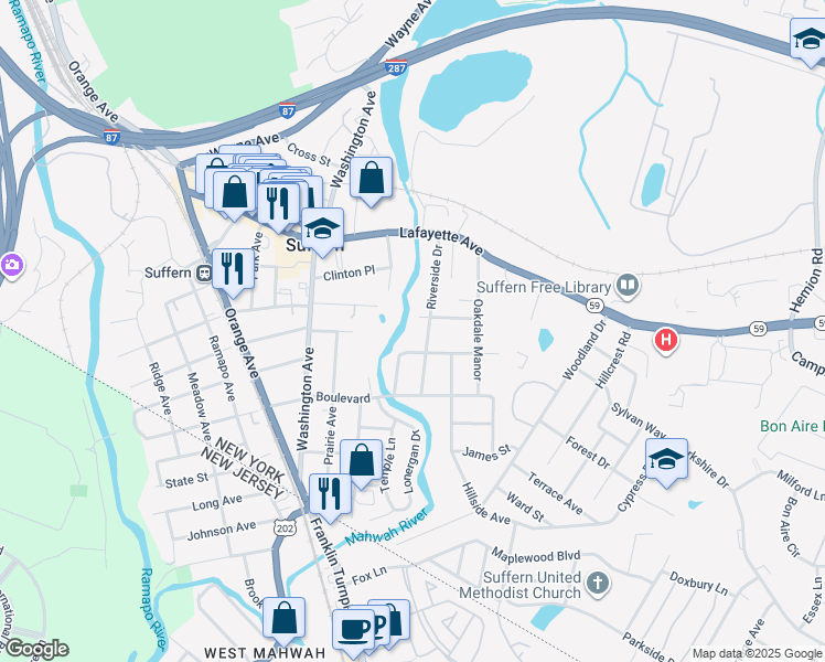 map of restaurants, bars, coffee shops, grocery stores, and more near 3 Highland Avenue in Suffern