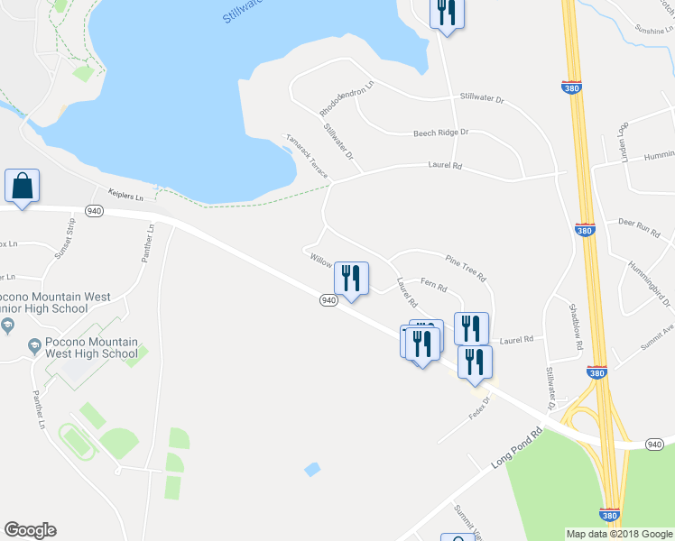 map of restaurants, bars, coffee shops, grocery stores, and more near 115 Willow Grove Road in Pocono Summit