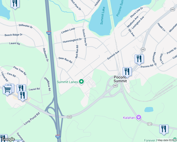 map of restaurants, bars, coffee shops, grocery stores, and more near 260 Summit Avenue in Pocono Summit