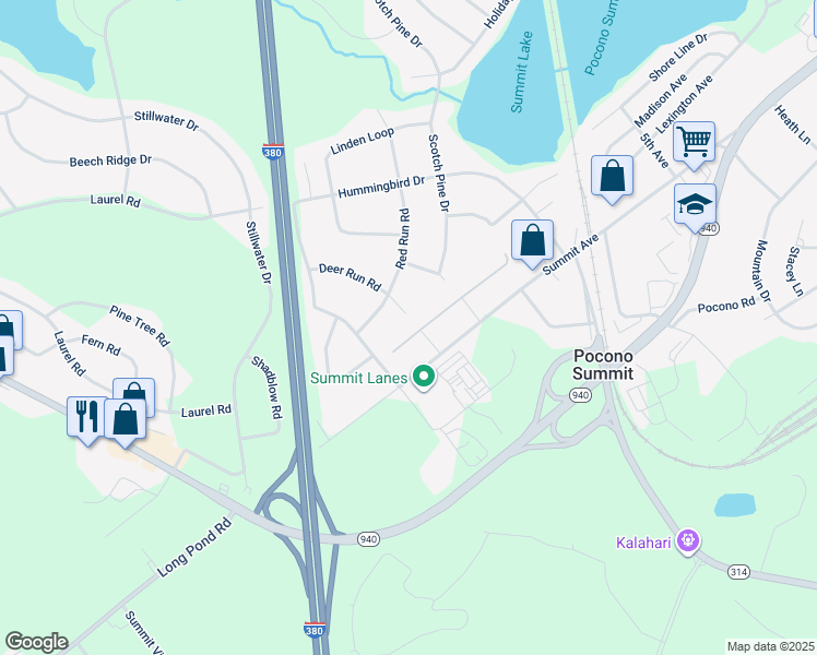 map of restaurants, bars, coffee shops, grocery stores, and more near 2376 Winchester Road in Pocono Summit