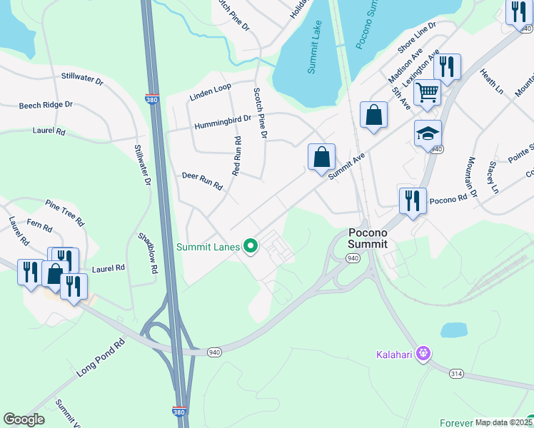 map of restaurants, bars, coffee shops, grocery stores, and more near 260 Summit Avenue in Pocono Summit