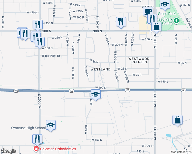 map of restaurants, bars, coffee shops, grocery stores, and more near 127 South 1525 West in West Point