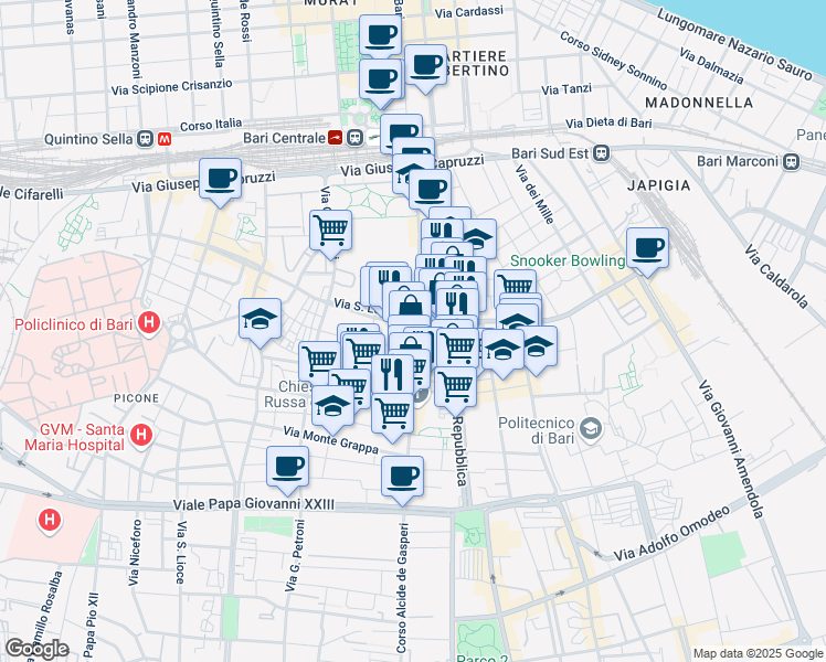 map of restaurants, bars, coffee shops, grocery stores, and more near 105-115 Corso Benedetto Croce in Bari