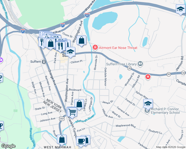 map of restaurants, bars, coffee shops, grocery stores, and more near 42 Riverside Drive in Suffern