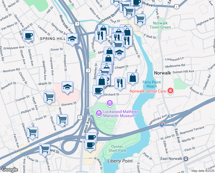 map of restaurants, bars, coffee shops, grocery stores, and more near 515 West Avenue in Norwalk