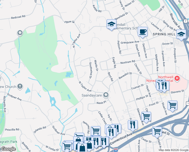 map of restaurants, bars, coffee shops, grocery stores, and more near 22 Marlin Drive in Norwalk