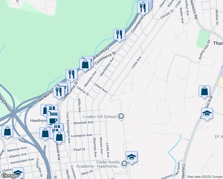 map of restaurants, bars, coffee shops, grocery stores, and more near 90 Union Avenue in Thornwood