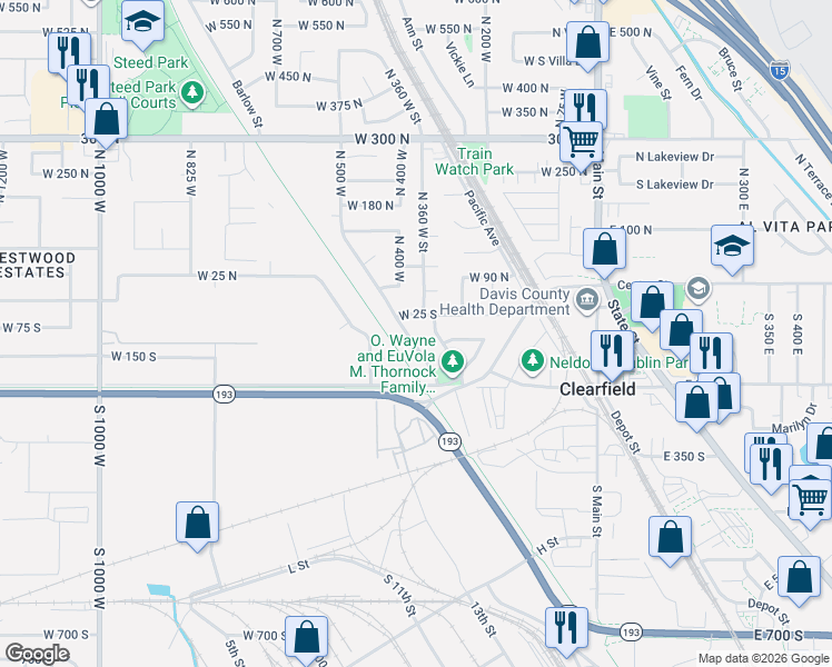 map of restaurants, bars, coffee shops, grocery stores, and more near 101 South 500 West in Clearfield