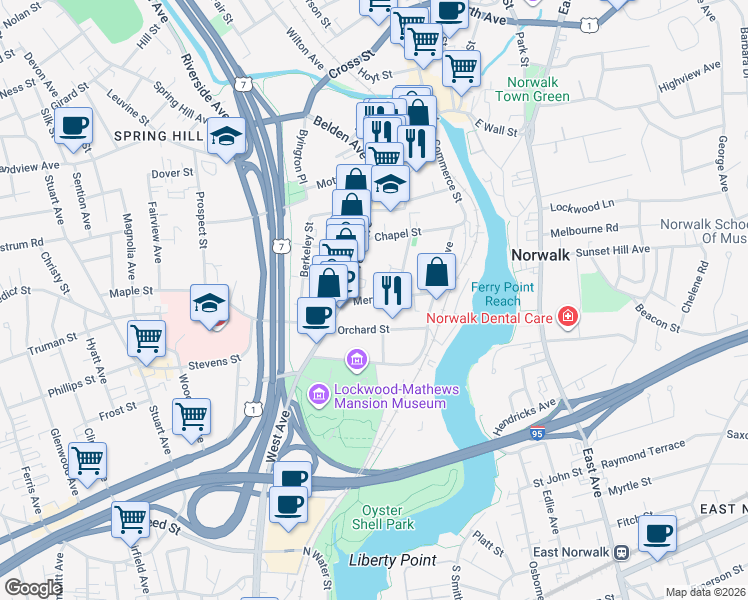 map of restaurants, bars, coffee shops, grocery stores, and more near 18 Merwin Street in Norwalk