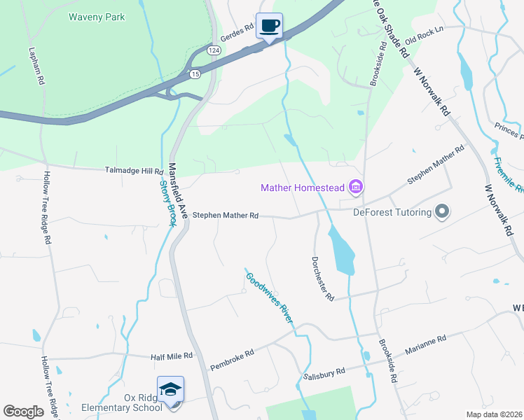 map of restaurants, bars, coffee shops, grocery stores, and more near 84 Stephen Mather Road in Darien