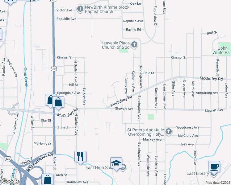 map of restaurants, bars, coffee shops, grocery stores, and more near 1446 McGuffey Road in Youngstown