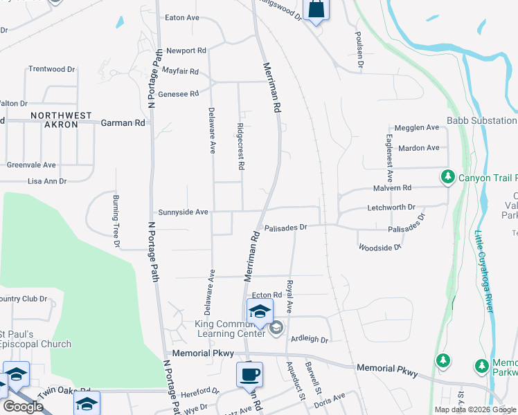 map of restaurants, bars, coffee shops, grocery stores, and more near 737 Merriman Road in Akron