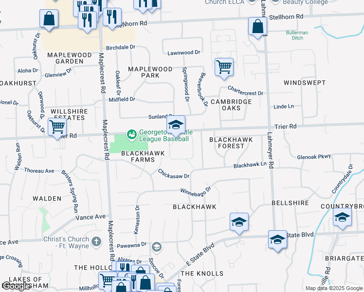map of restaurants, bars, coffee shops, grocery stores, and more near 6700 Trier Road in Fort Wayne