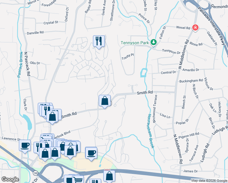 map of restaurants, bars, coffee shops, grocery stores, and more near 403 Avalon Gardens Drive in Nanuet