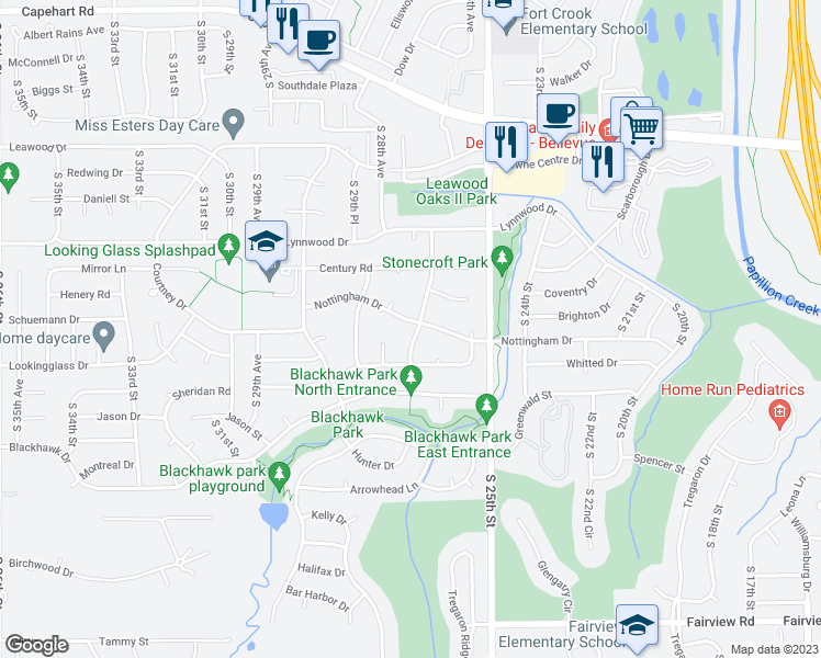map of restaurants, bars, coffee shops, grocery stores, and more near 2605 Nottingham Drive in Bellevue
