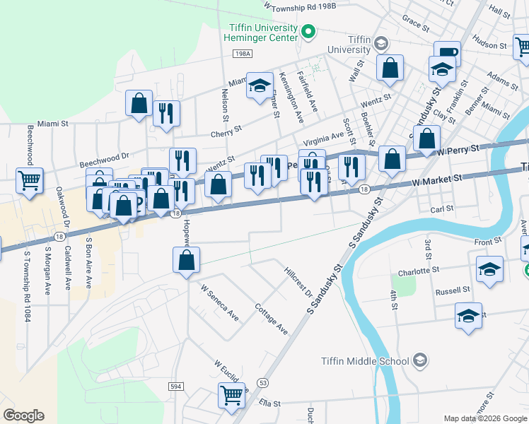 map of restaurants, bars, coffee shops, grocery stores, and more near 88 Lindsay Avenue in Tiffin