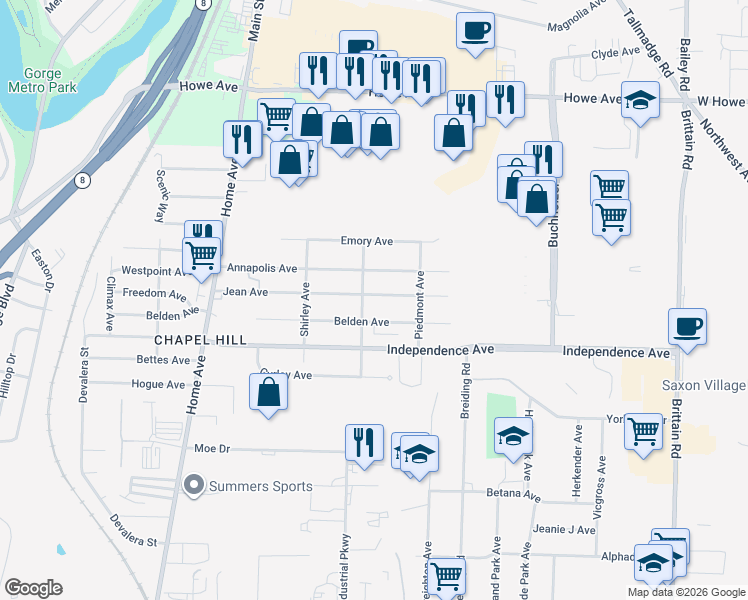 map of restaurants, bars, coffee shops, grocery stores, and more near 992 Jean Avenue in Akron