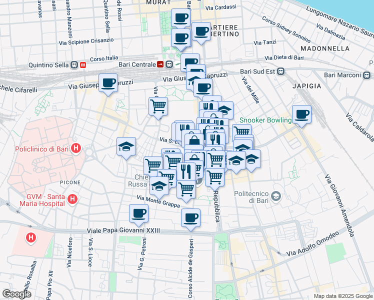 map of restaurants, bars, coffee shops, grocery stores, and more near 115 Corso Benedetto Croce in Bari