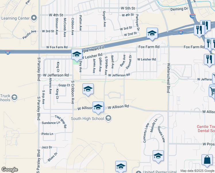 map of restaurants, bars, coffee shops, grocery stores, and more near 501 South Snyder Avenue in Cheyenne