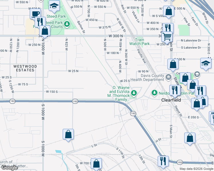 map of restaurants, bars, coffee shops, grocery stores, and more near 89 South 525 West in Clearfield