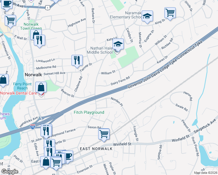 map of restaurants, bars, coffee shops, grocery stores, and more near 9 Dairy Farm Road in Norwalk
