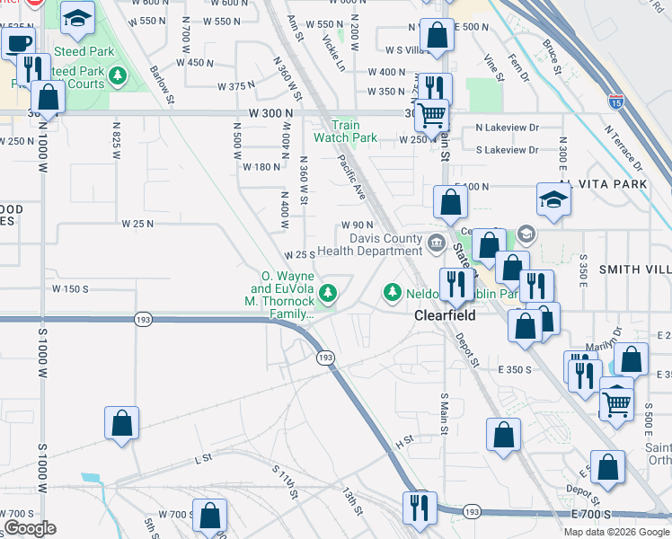 map of restaurants, bars, coffee shops, grocery stores, and more near 327 West 75 North in Clearfield