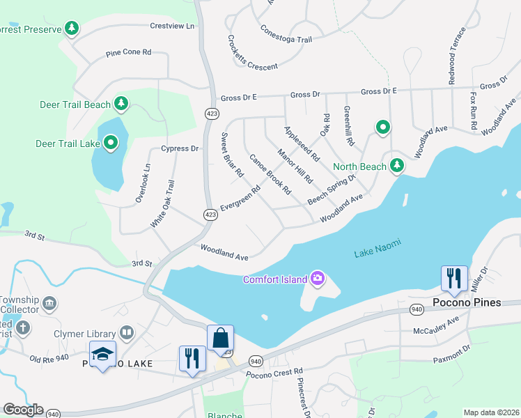 map of restaurants, bars, coffee shops, grocery stores, and more near 2120 Owaissa Court in Pocono Pines