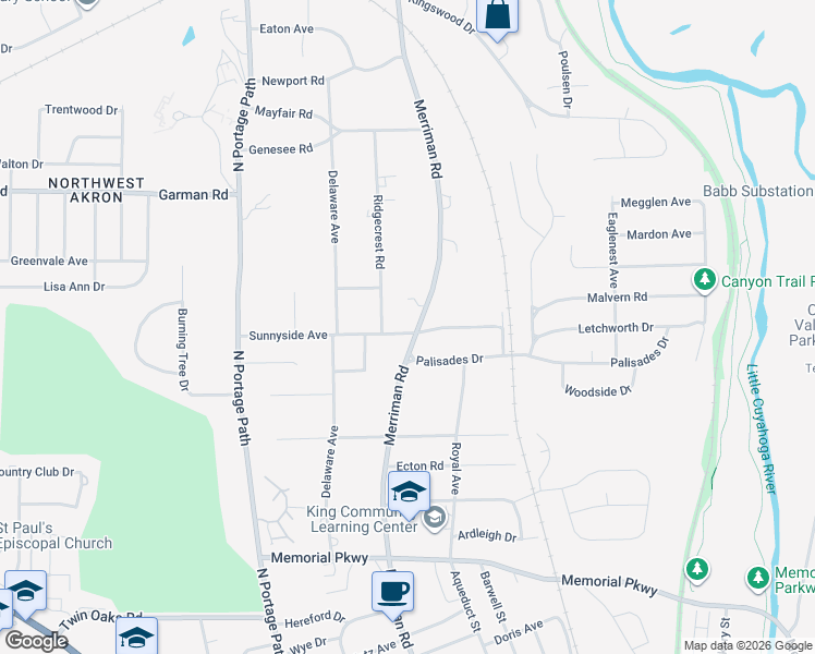 map of restaurants, bars, coffee shops, grocery stores, and more near 737 Merriman Road in Akron