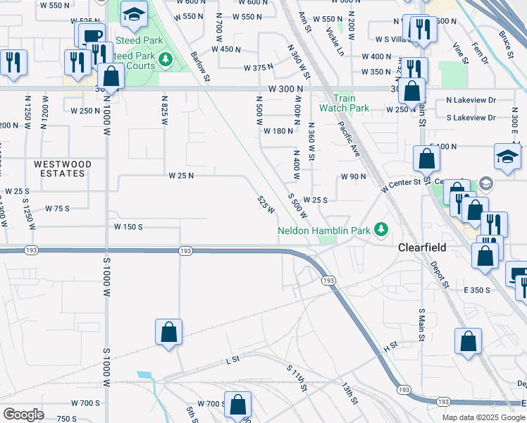 map of restaurants, bars, coffee shops, grocery stores, and more near 89 South 525 West in Clearfield