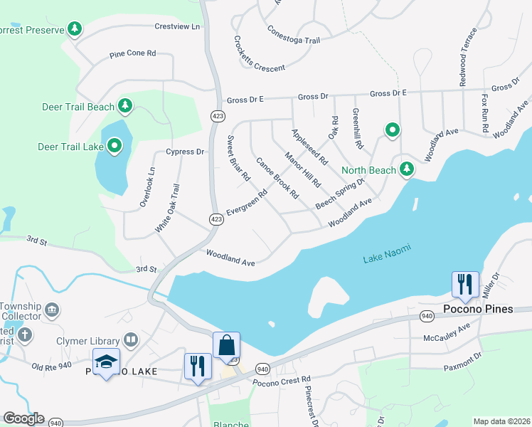 map of restaurants, bars, coffee shops, grocery stores, and more near 1 Sweet Briar Road in Pocono Pines