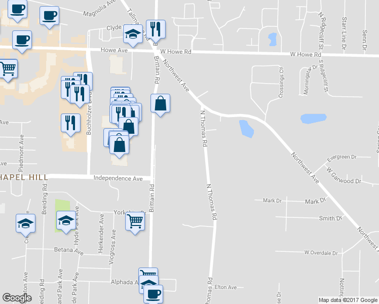 map of restaurants, bars, coffee shops, grocery stores, and more near 433 North Thomas Road in Tallmadge