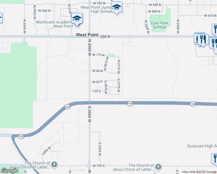 map of restaurants, bars, coffee shops, grocery stores, and more near 112 South 2875 West in West Point