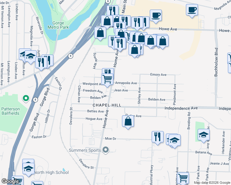 map of restaurants, bars, coffee shops, grocery stores, and more near 1517 Home Avenue in Akron