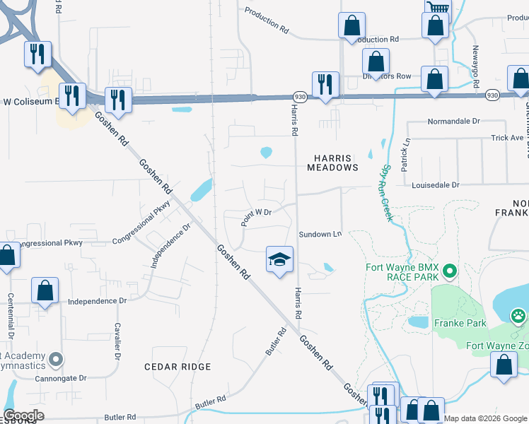 map of restaurants, bars, coffee shops, grocery stores, and more near Point West Drive in Fort Wayne
