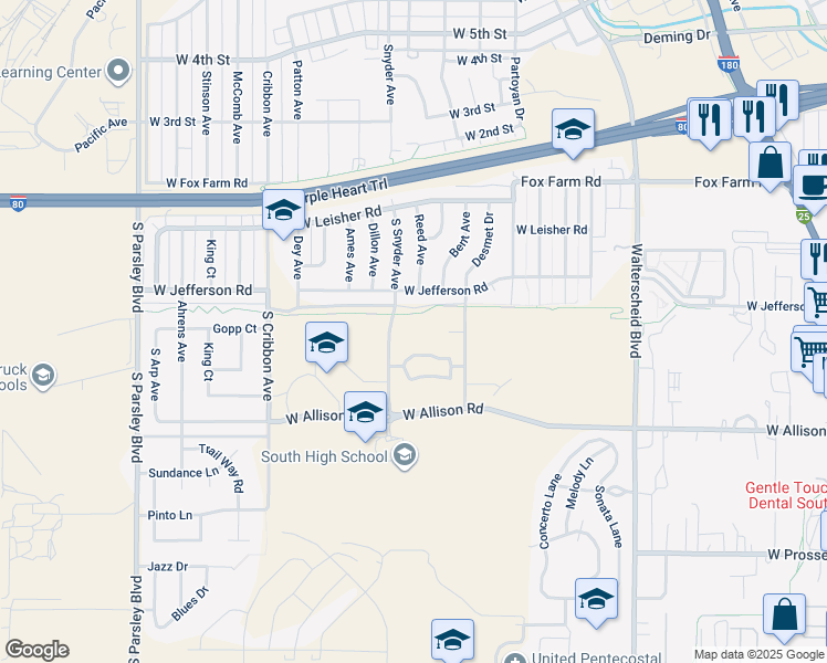 map of restaurants, bars, coffee shops, grocery stores, and more near 497-1399 S Snyder Ave in Cheyenne