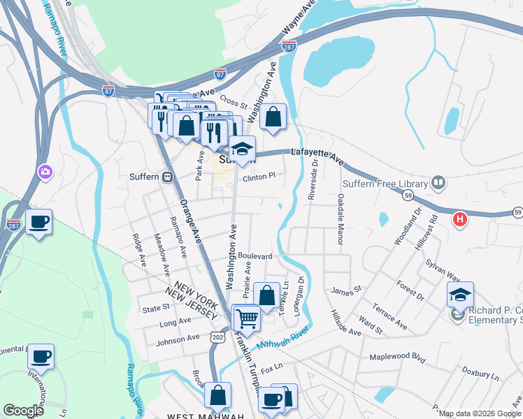 map of restaurants, bars, coffee shops, grocery stores, and more near 75 East Maltbie Avenue in Suffern