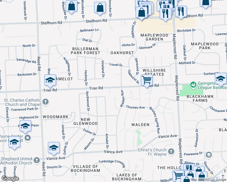 map of restaurants, bars, coffee shops, grocery stores, and more near 5603 Martys Hill Place in Fort Wayne