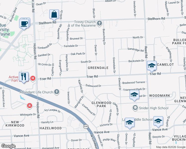 map of restaurants, bars, coffee shops, grocery stores, and more near 4066 Trier Road in Fort Wayne