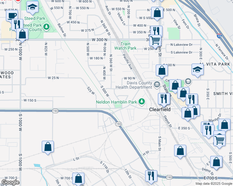 map of restaurants, bars, coffee shops, grocery stores, and more near 56 South 350 West in Clearfield