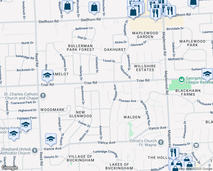 map of restaurants, bars, coffee shops, grocery stores, and more near 5603 Martys Hill Place in Fort Wayne