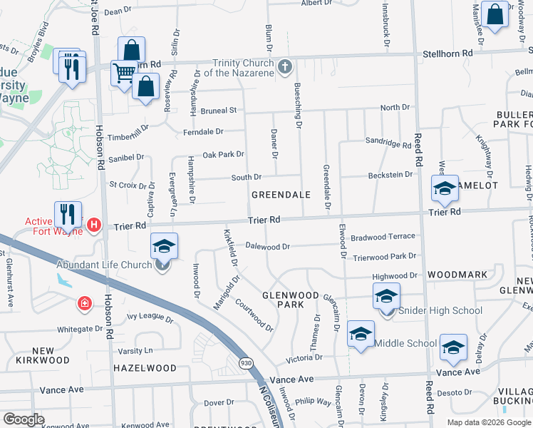 map of restaurants, bars, coffee shops, grocery stores, and more near 4066 Trier Road in Fort Wayne